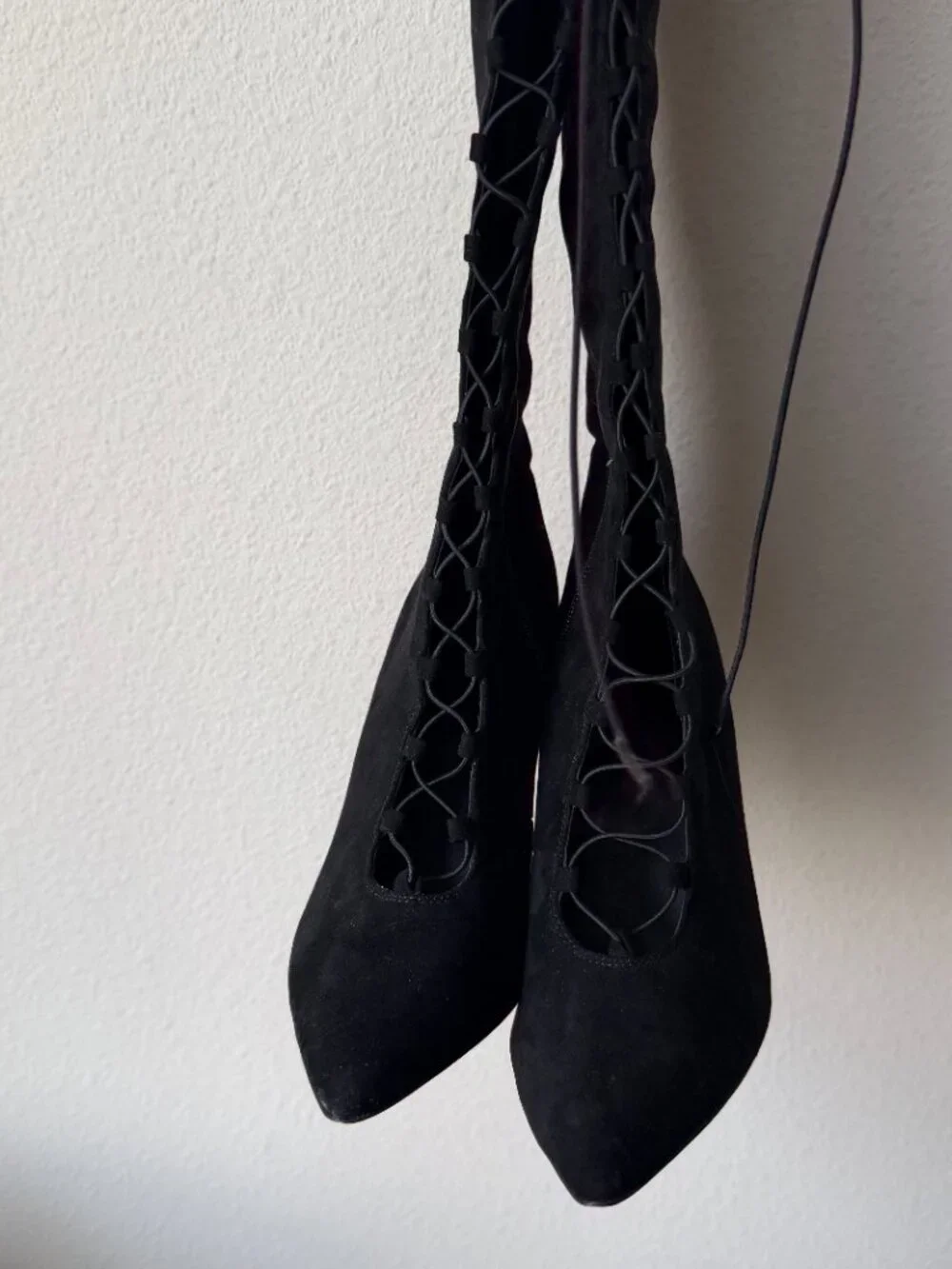 ASOS Black Bow Lace Up Faux Suede Thigh High Boots NEW Size 5